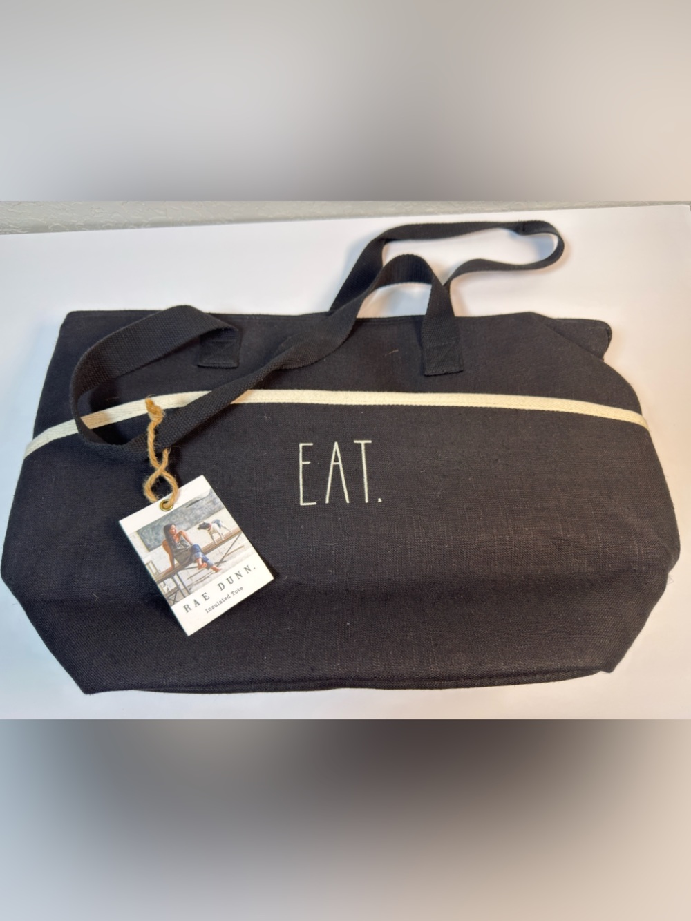 Rae Dunn EAT Insulated Lunch Tote Black Canvas Bag NWT